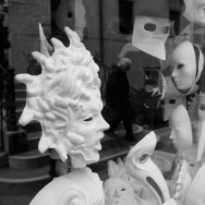 Venice-Carnival masks, black & white landscape photo