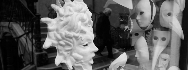 Venice-Carnival masks, black & white landscape photo