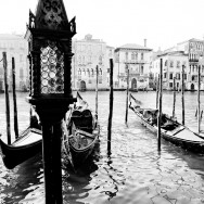 Venice, Italy - Gondolas moored on Grand Canal, black and white photo