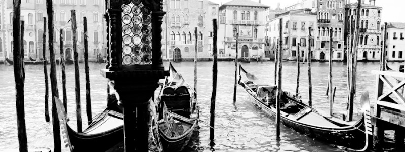 Venice, Italy - Gondolas moored on Grand Canal, black and white photo