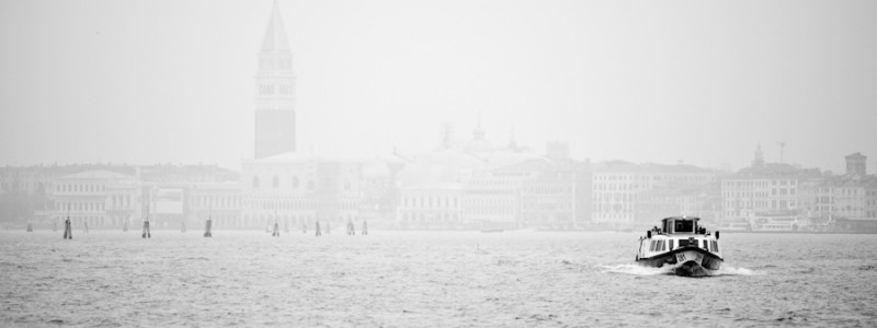 Venice, Italy - mist on St. Mark's basin, black and white landscape photo