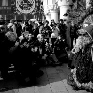 Venice-Photographers shooting at Carnival masks in St. Mark's square, black & white landscape photo
