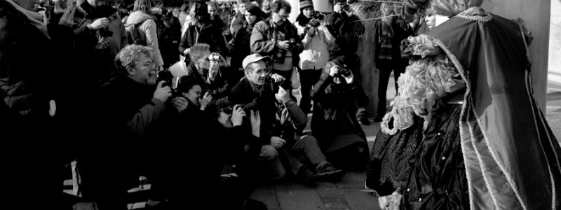 Venice-Photographers shooting at Carnival masks in St. Mark's square, black & white landscape photo