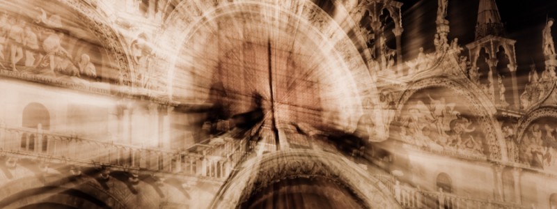 Venice - The facade of St. Mark's Basilica at night, color photo