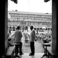 Venice - waiters at Cafe Florian in St. Mark's Square, black and white landscape photo