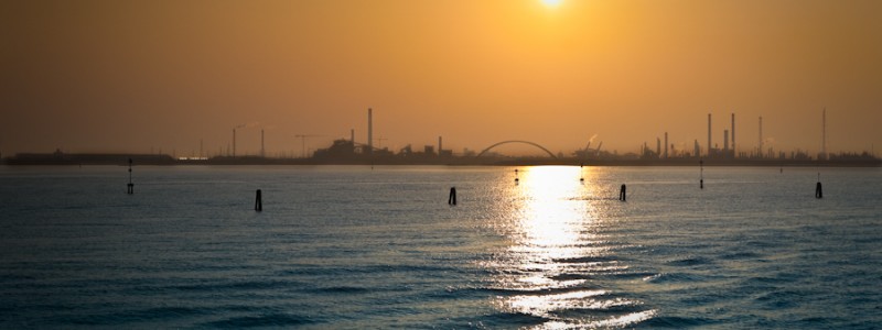 Venice - skyline of Porto Marghera at sunset, color landscape photo