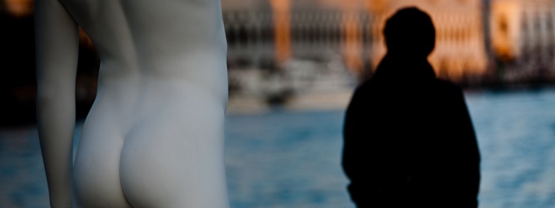 Venice - modern art statue at Punta della Dogana, color landscape photo