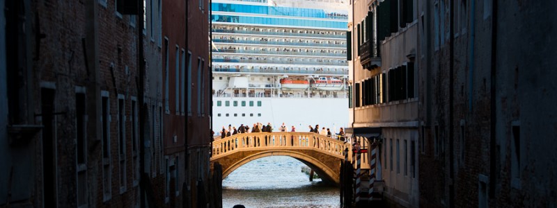 Venice - a cruising vessel enters into Venice harbor, color landscape photo